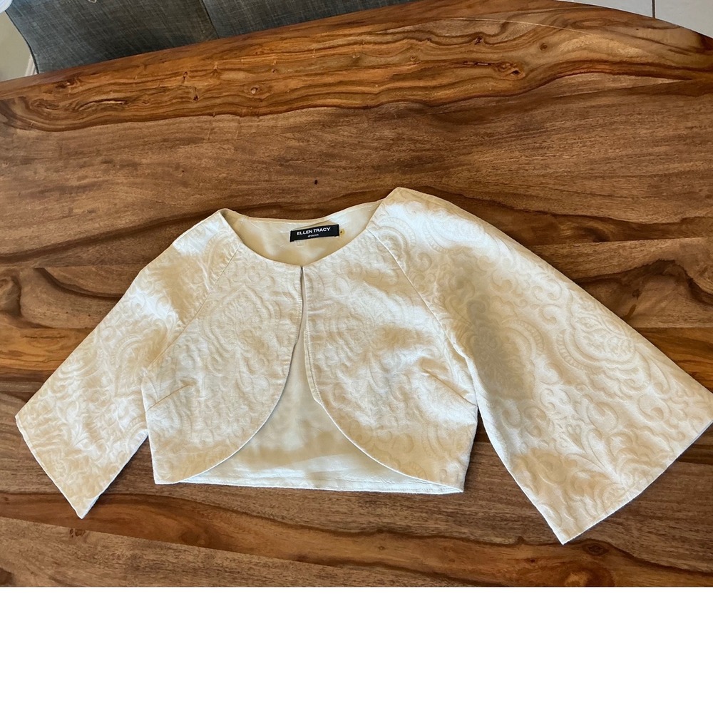 Ellen Tracy Cream Jacquard Cropped Bolero Shrug Jacket Wide 3/4 Sleeve Womens 4 - Picture 7 of 11
